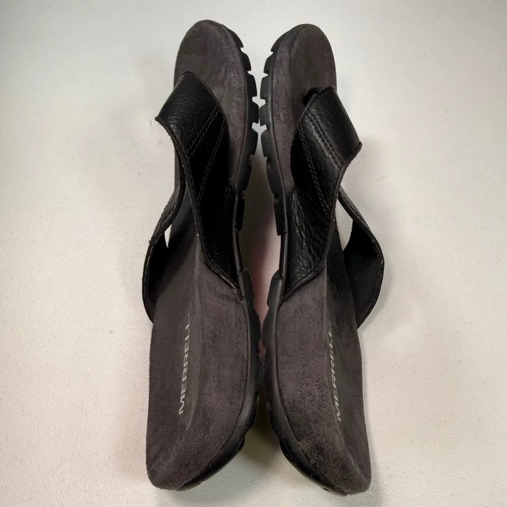 Merrell Mens Black Leather Flip Flop Sandals Performance Air Cushion Size 12
